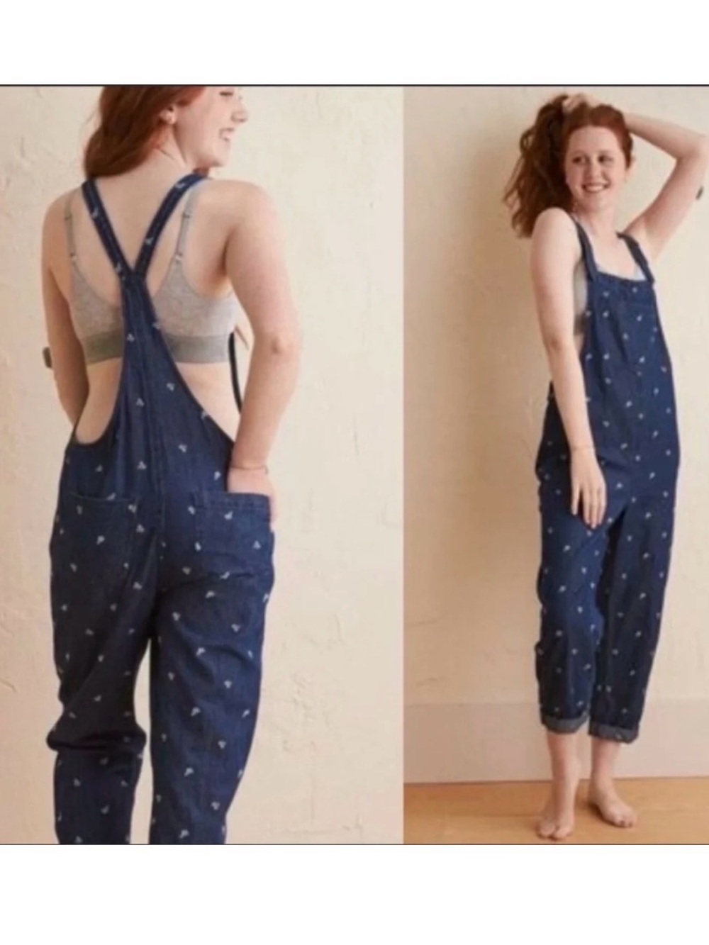 Aerie Denim Capri Overalls With Floral Embroidery Size Small